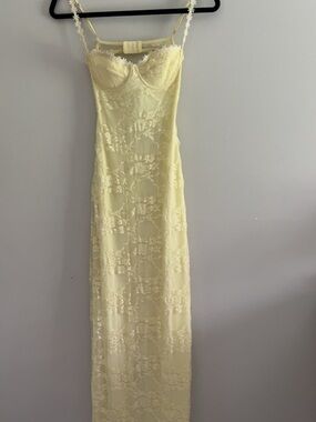 Lucy in the Sky Pale Yellow Lace Backless Slip Dress